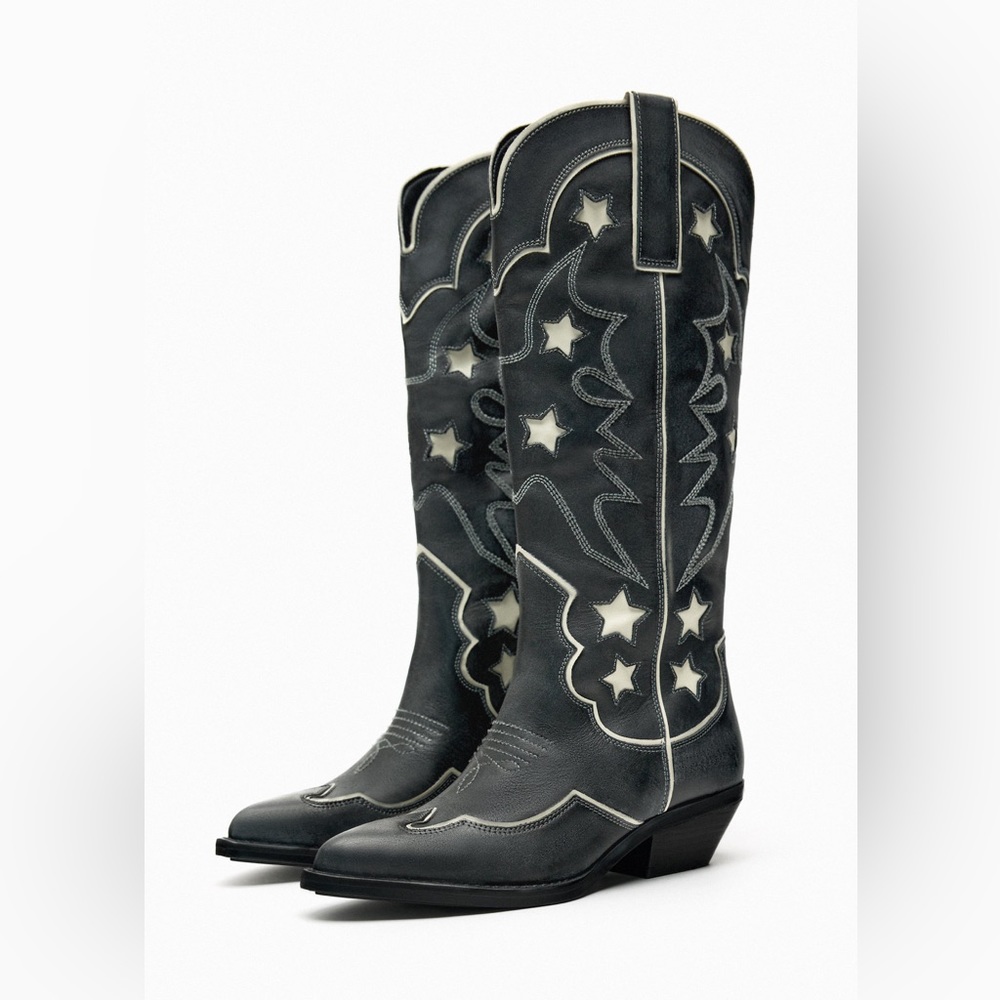 Zara cowboy boots leather western star southwestern cowgirl - Picture 6 of 12